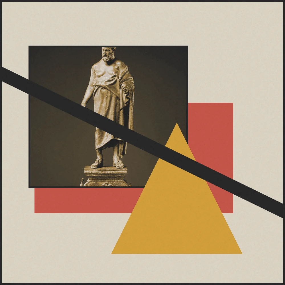 Collage: filósofo de bronce sobre planos rojos, bloque Desmontando