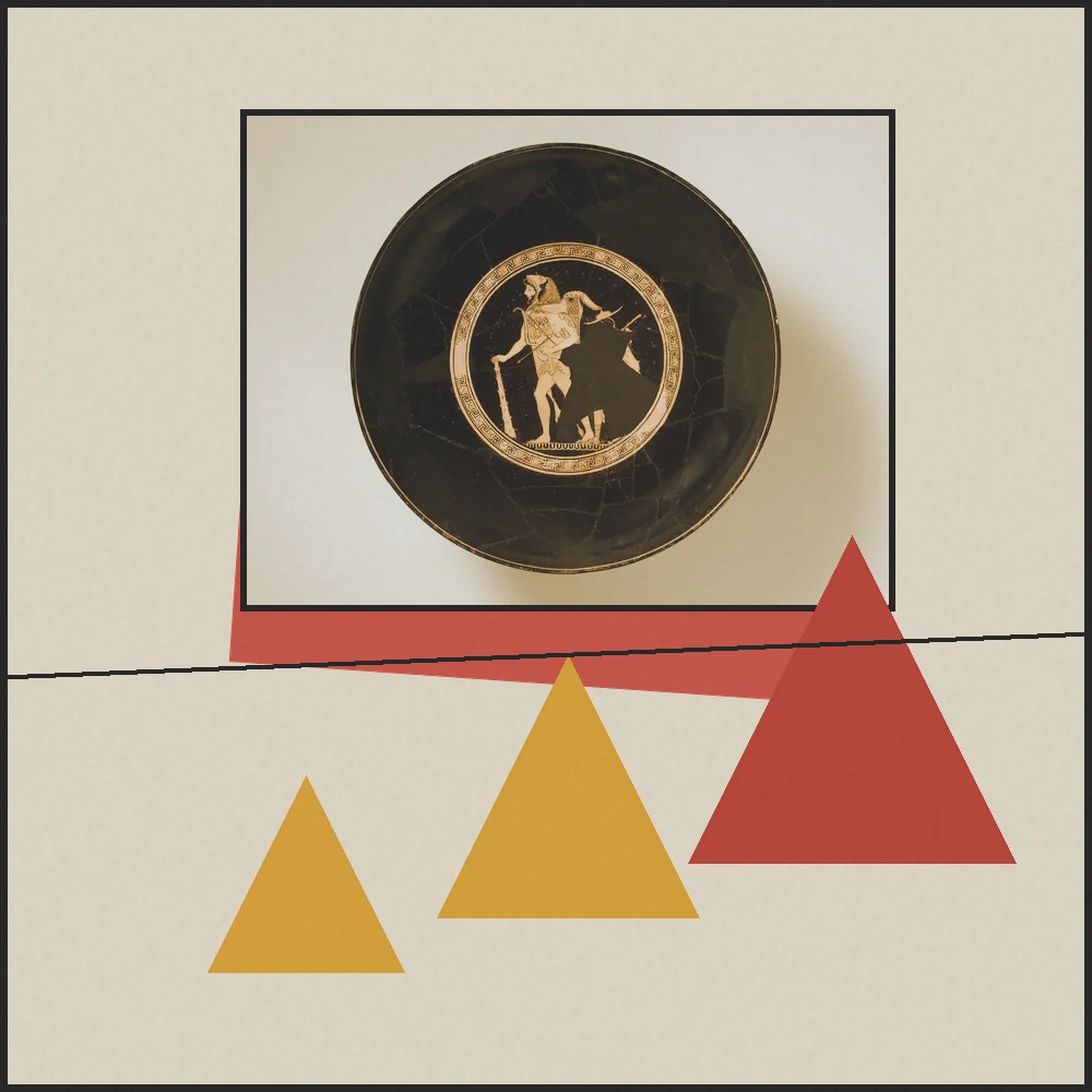 Collage: kylix ática y triángulos amarillos, bloque Desmontando