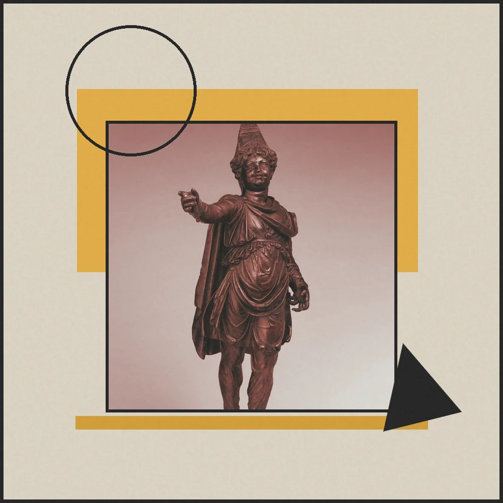Collage: figura de bronce en el cuadrado de Historia