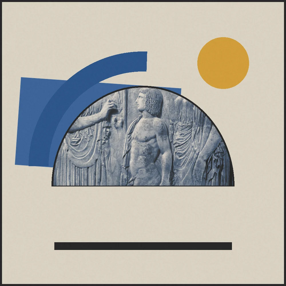 Collage: relieve de Eleusis bajo el arco de Sociedad