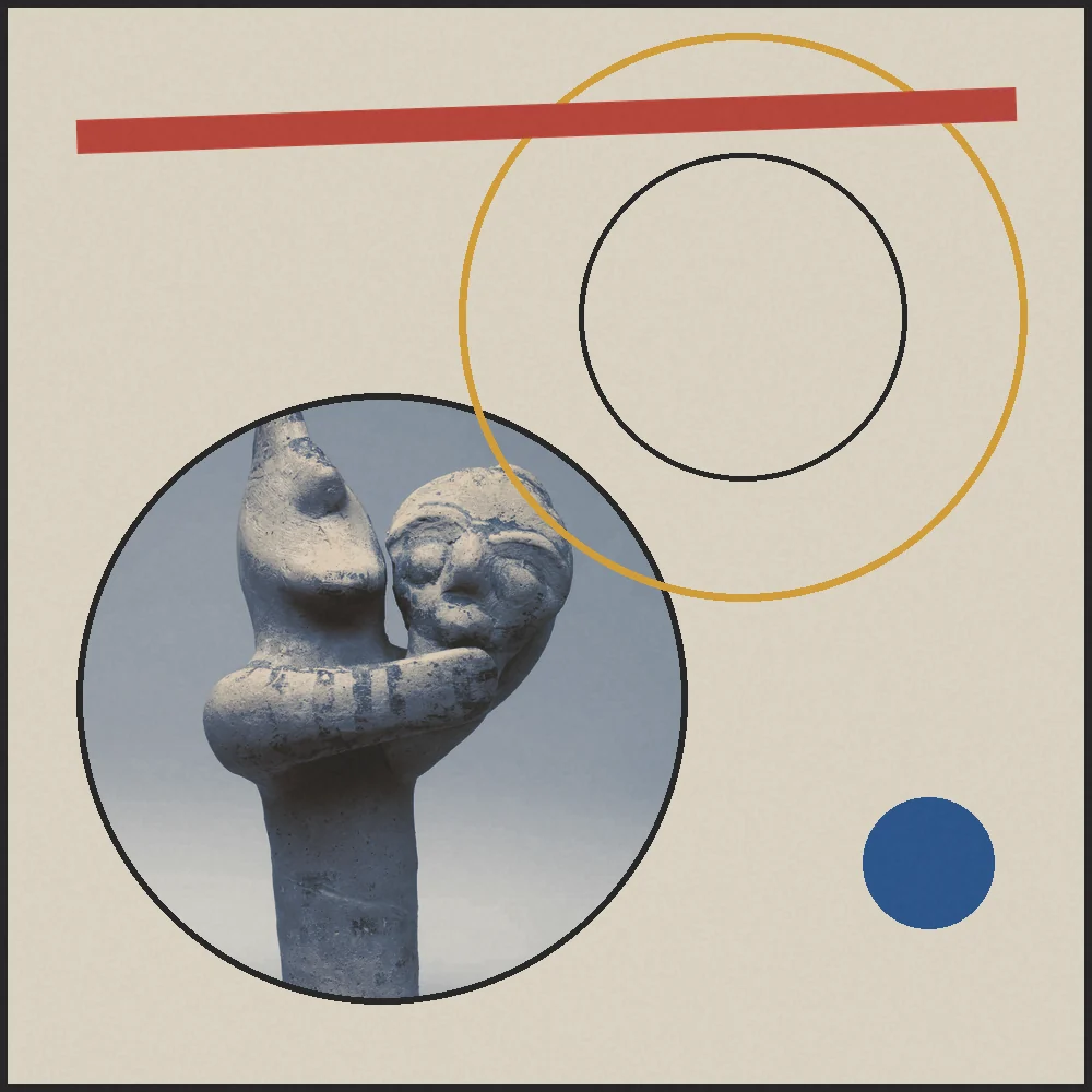 Collage: figura de terracota en el círculo de Filosofía