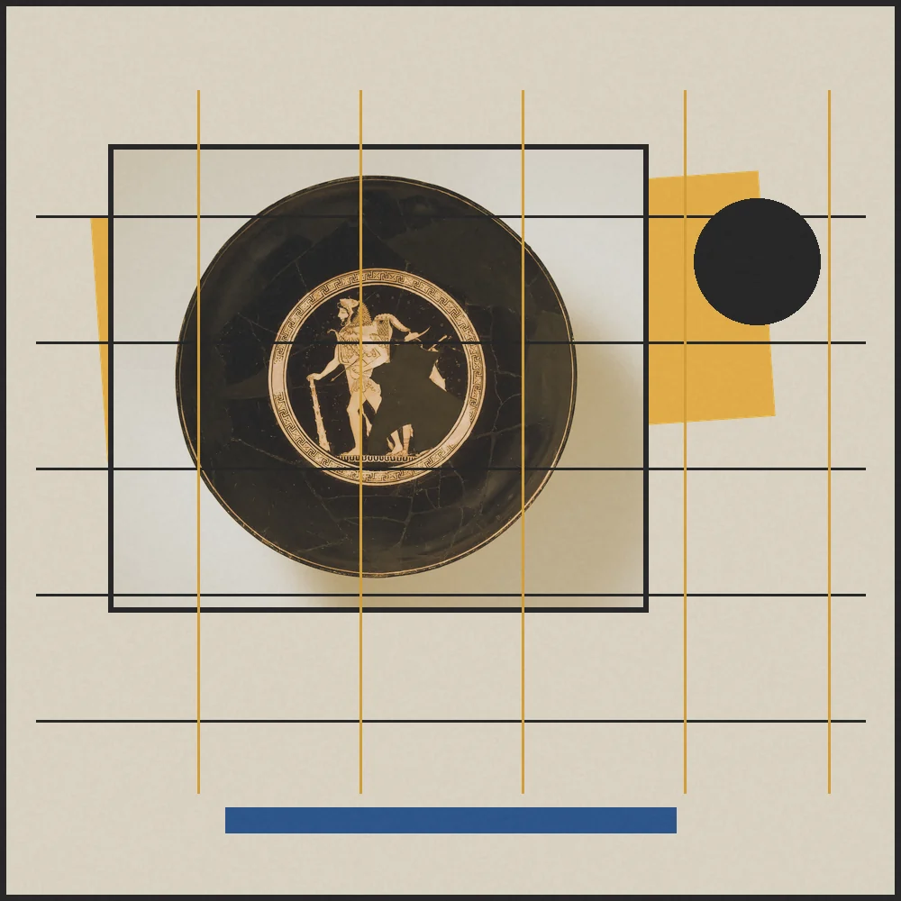 Collage: kylix ática dentro de la retícula de Economía