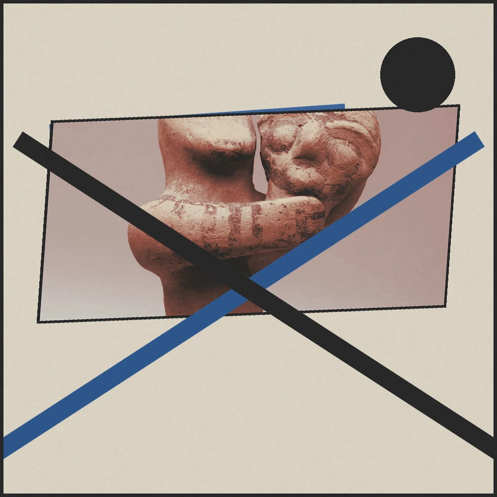 Collage: figura de terracota cruzada por la diagonal de Política