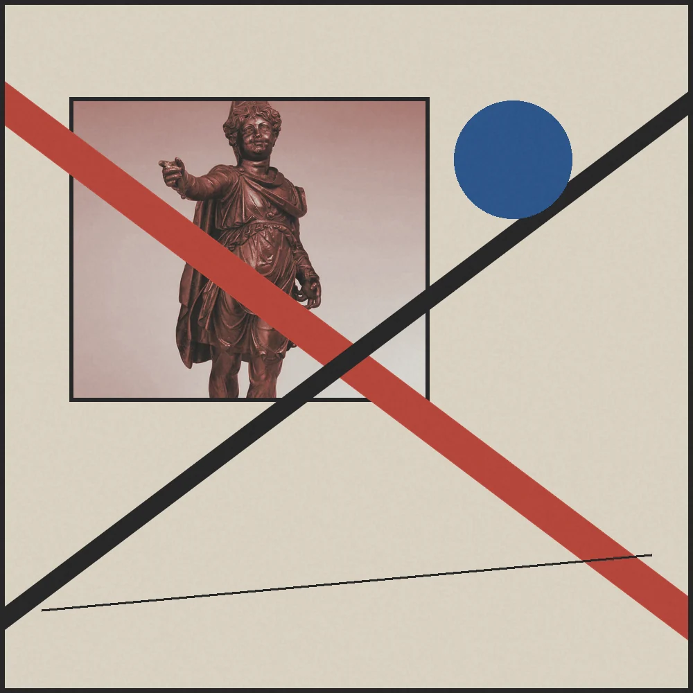 Collage: figura de bronce partida por la diagonal de Política